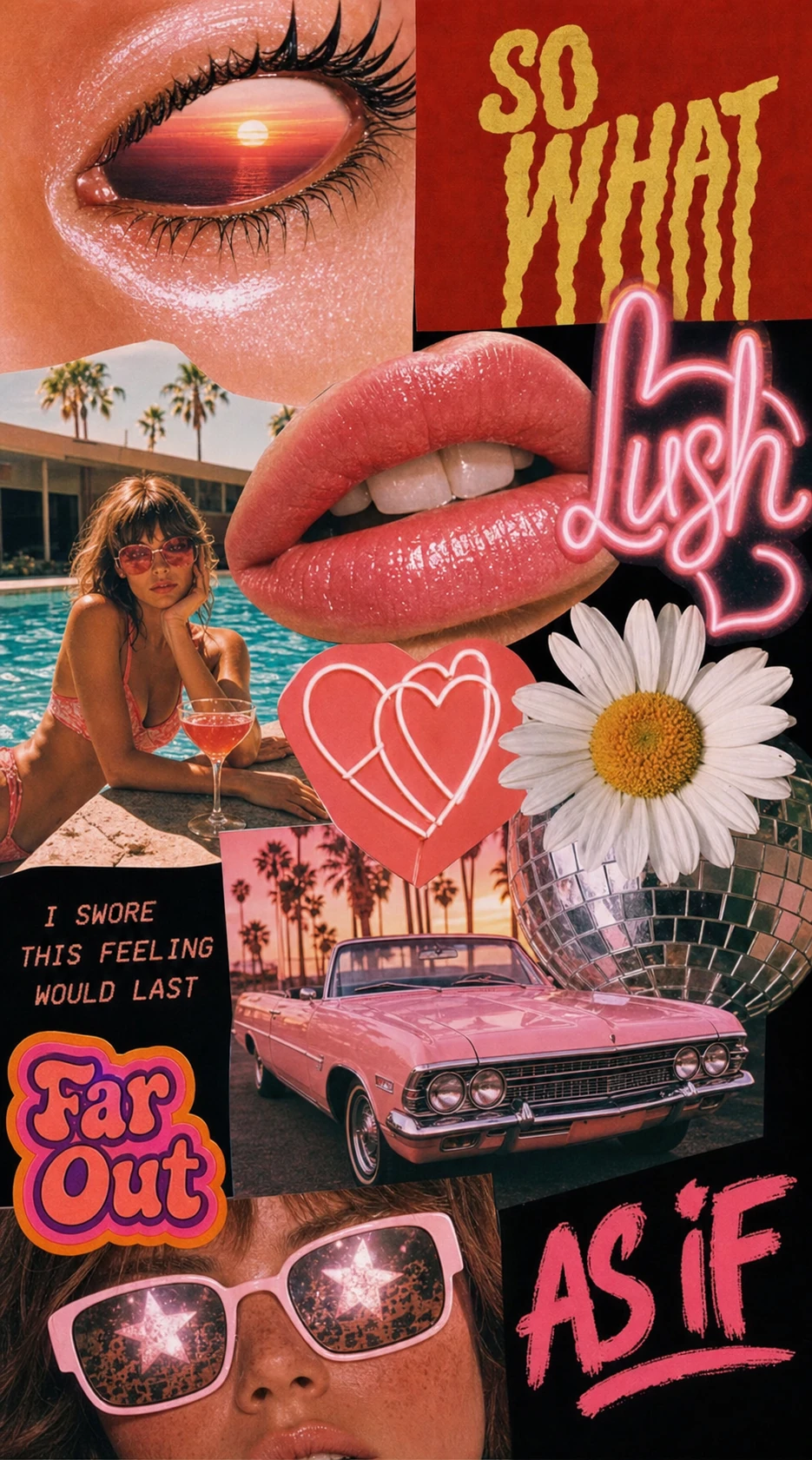 A retro-glam photo collage blending sun-soaked beauty imagery, vintage vibes, and bold slogan typography in a hot-pink and red palette.