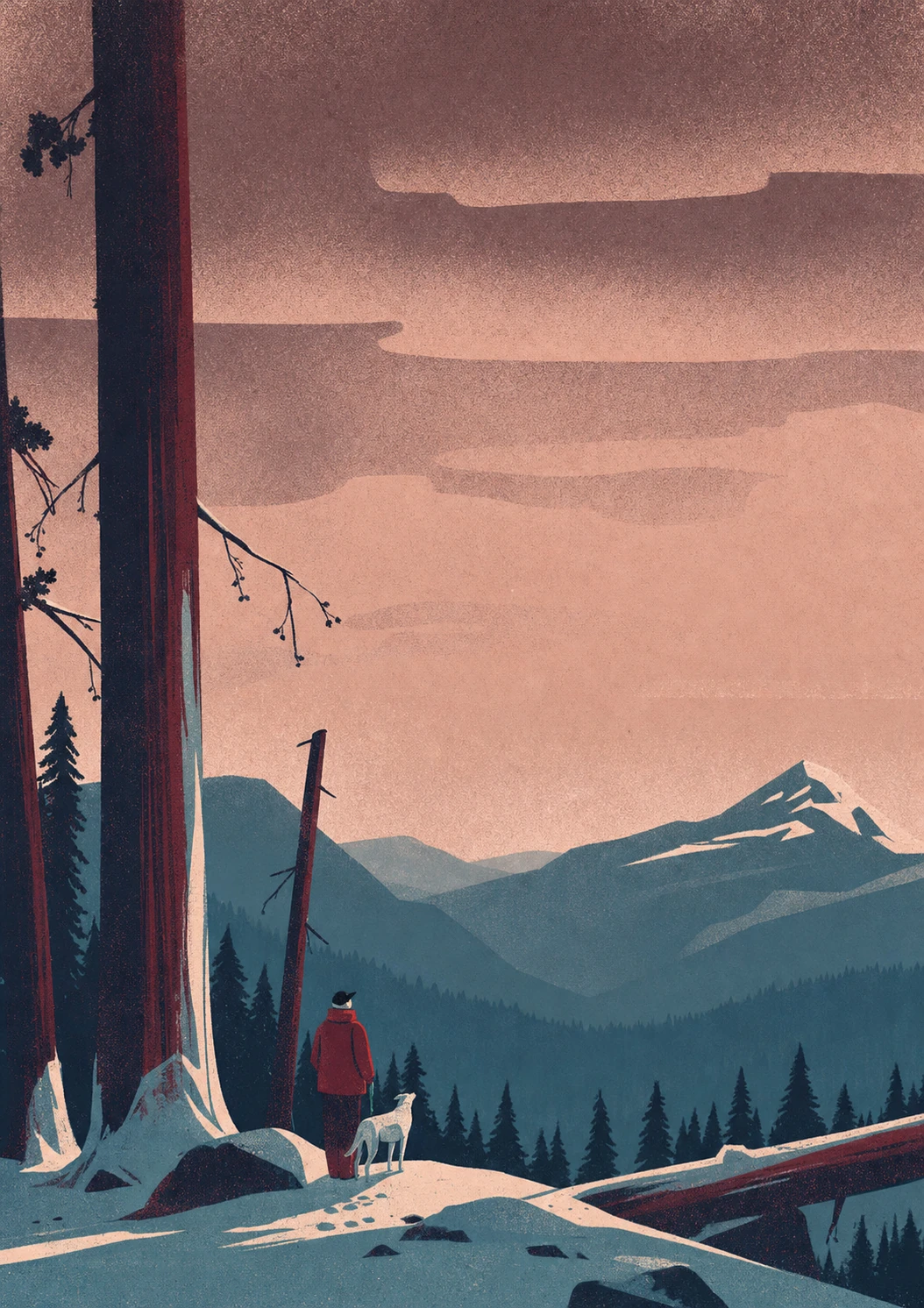 A lone figure with a dog stands at a snowy forest overlook gazing toward distant mountains at dusk in a textured, painterly illustration.