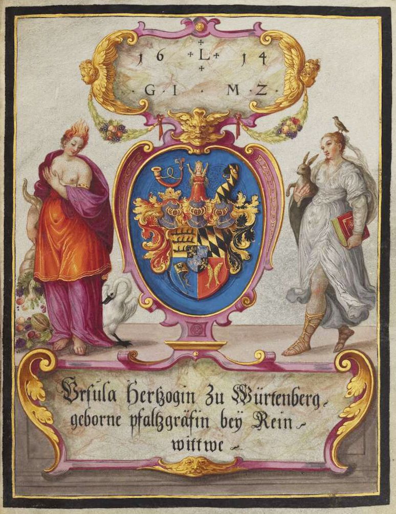 A detailed heraldic image featuring a coat of arms flanked by a woman and a man, with text below and numbers above.