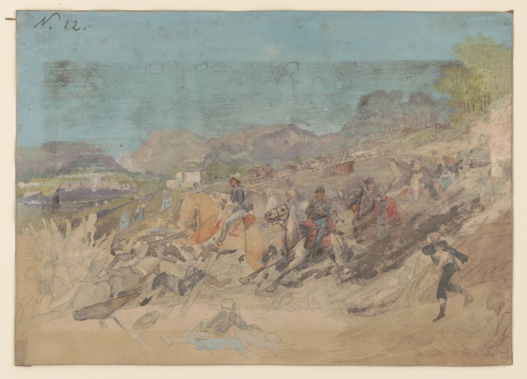 Watercolor painting of a chaotic battle scene with soldiers on horseback and on foot, set against a landscape of mountains and buildings.