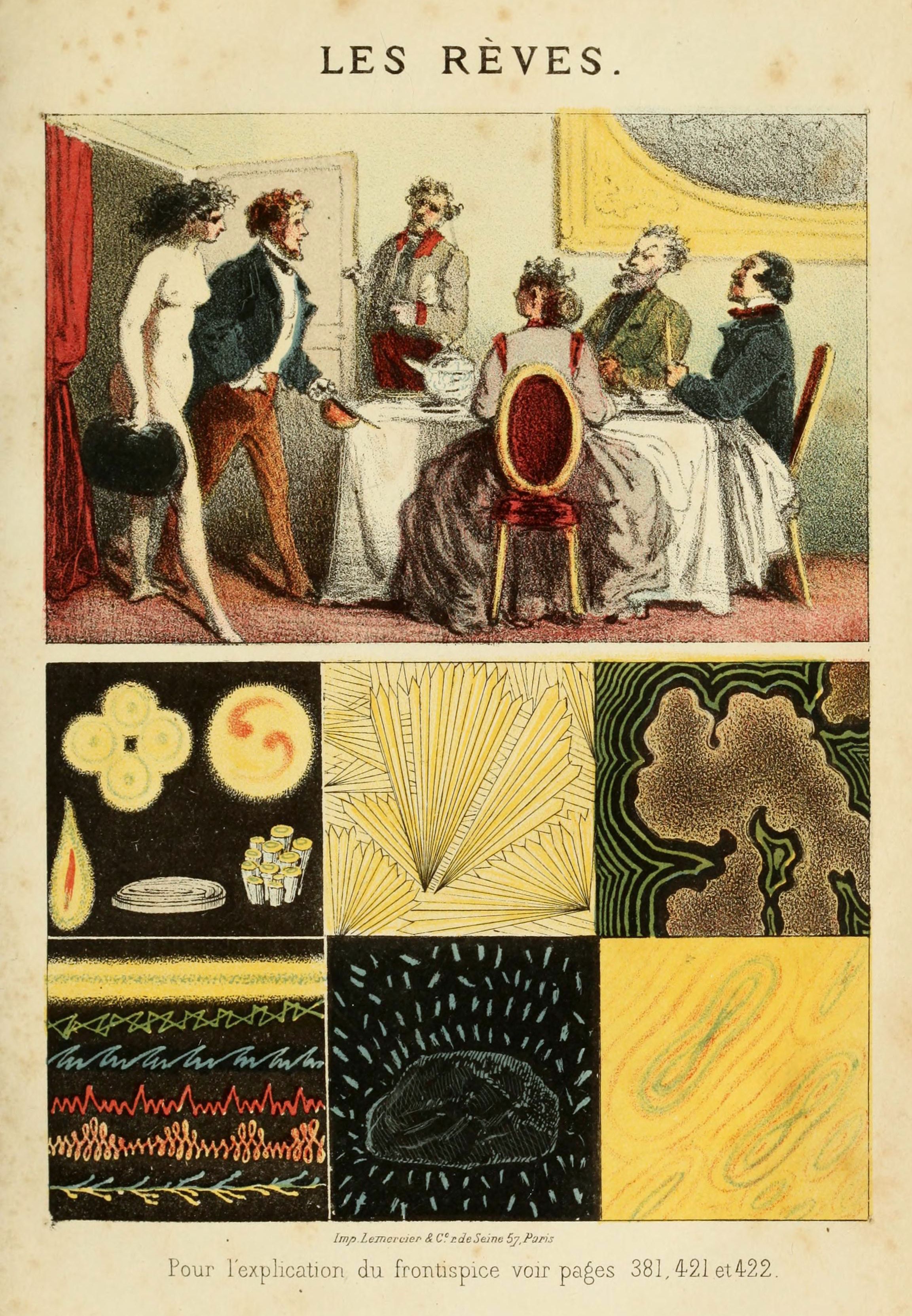 Vintage print titled "Les Rêves" featuring a group of people around a table and a grid of abstract patterns.