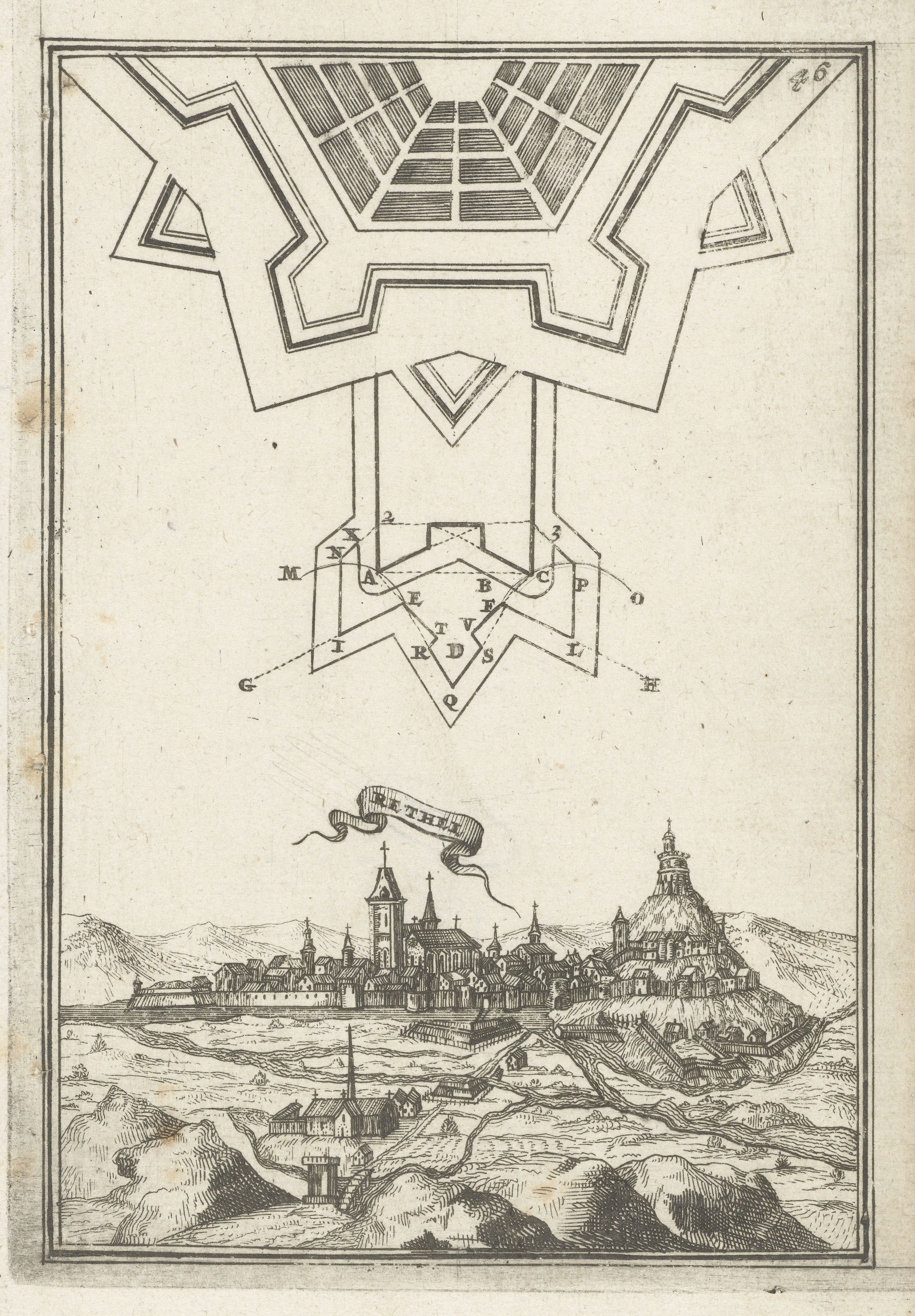 Vintage black and white engraving of a fortified city with a map of the fortifications above and a detailed cityscape below.