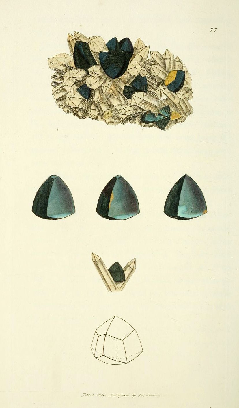 A vintage scientific illustration of a dark, pyramidal crystal mineral specimen, with a cluster of crystals at the top and individual diagrams below.