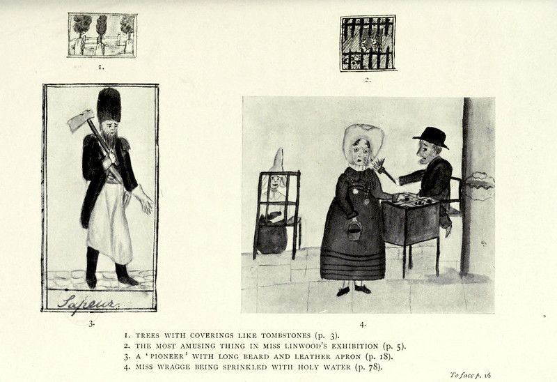A black and white illustration divided into four rectangular panels, each depicting a scene with accompanying text labels.