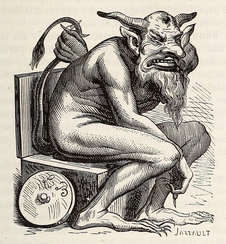 A black and white illustration of a grotesque demon seated on a chair with a skull at its feet.