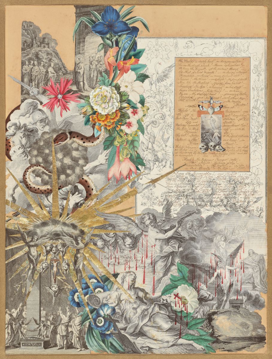 A mixed-media artwork featuring a flower arrangement with a snake and cross on the left, and a black and white engraving with red paint splatters on the right. The background is a faded yellow paper.