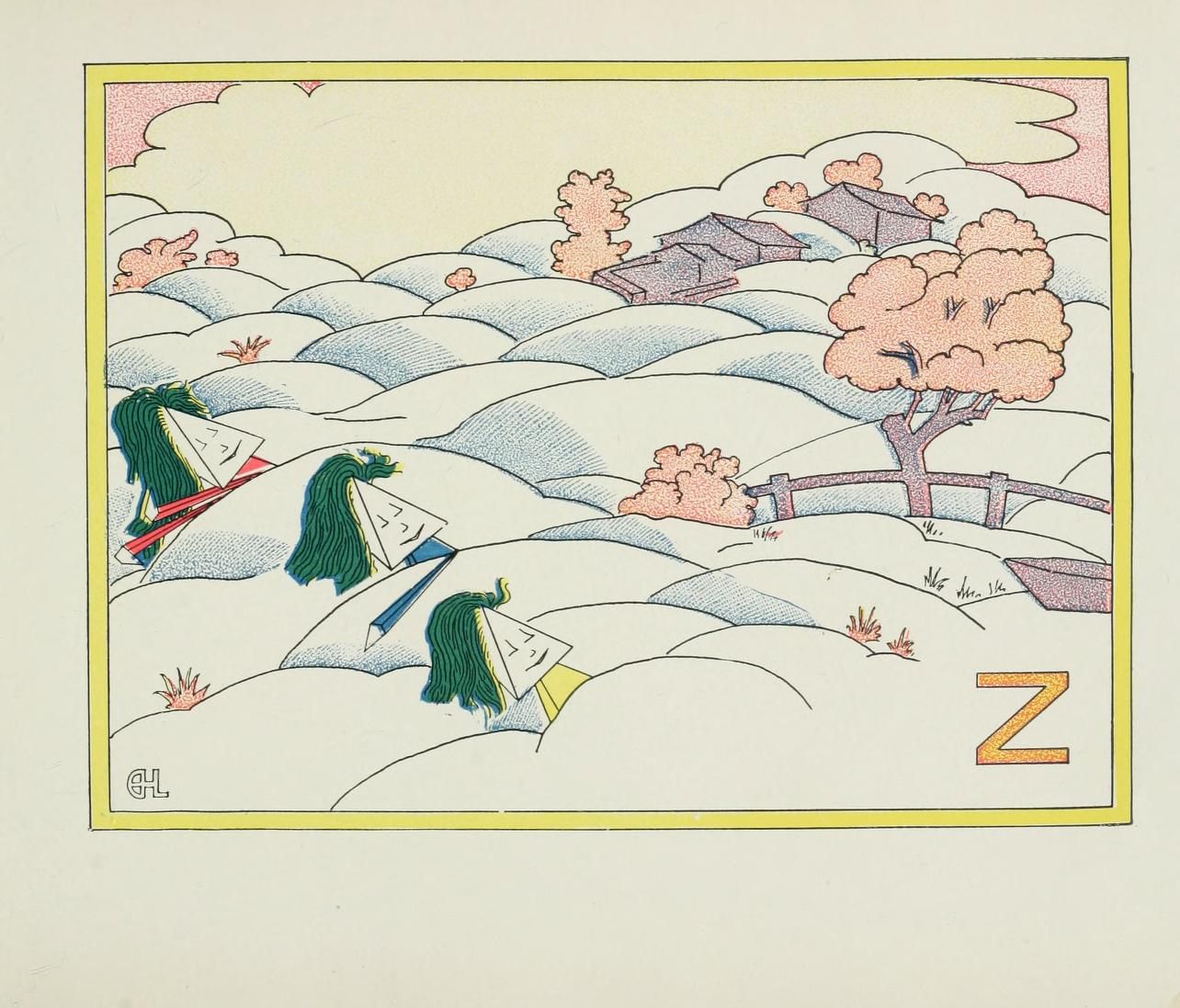 Vintage illustration of a landscape with rolling hills, dragon-like creatures, and the letter 'Z'.