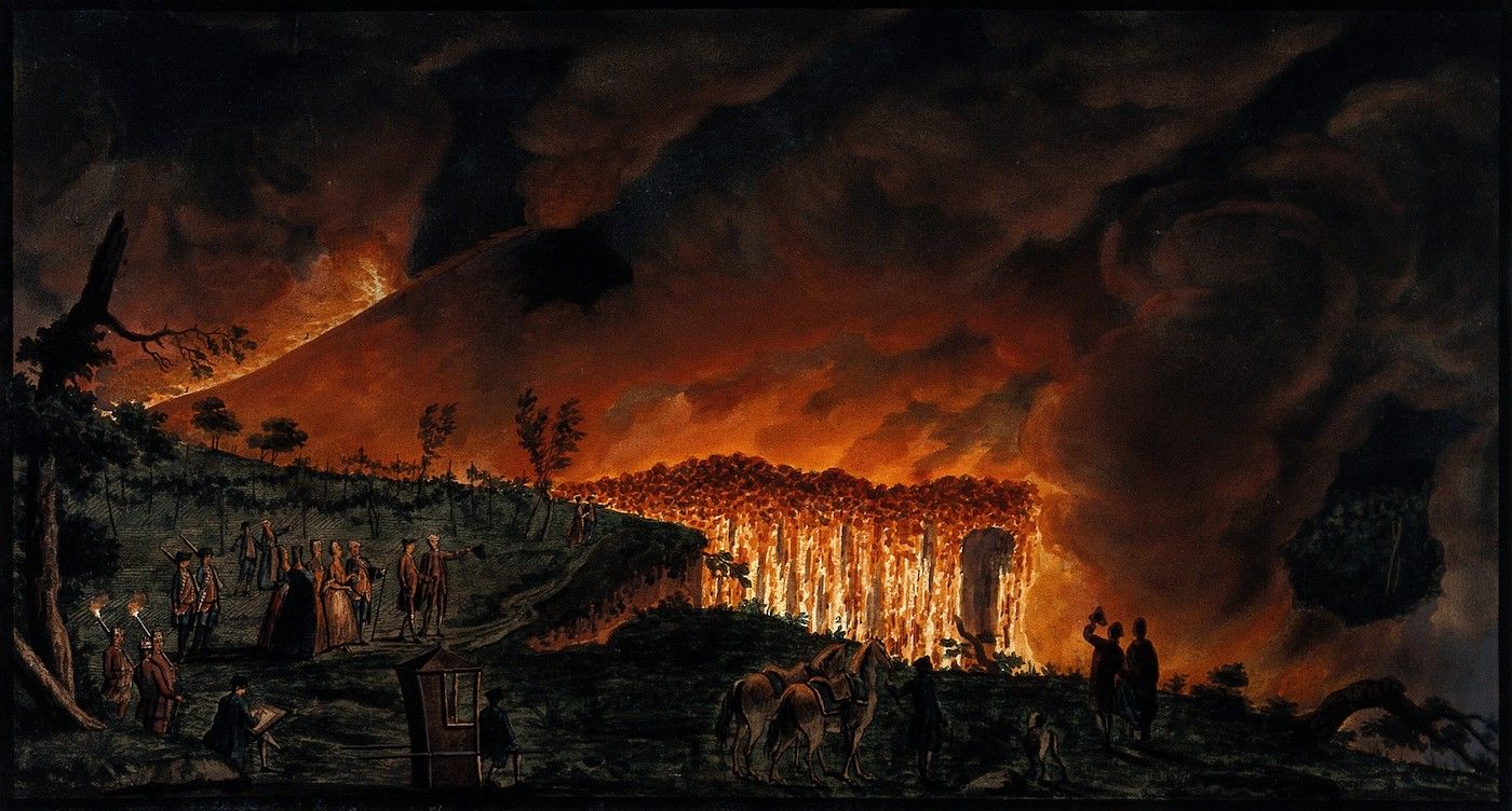 A dramatic and apocalyptic scene depicting a fiery waterfall cascading down a cliff face, with a group of people witnessing the event in the foreground.