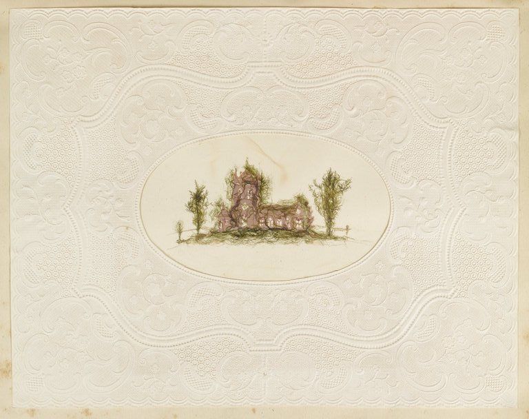 Vintage illustration of a dilapidated brick building surrounded by trees and a fence, set against a heavily textured, embossed background.