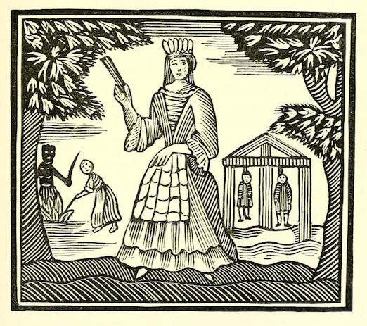 A woodcut-style illustration of a tall woman in a long dress and crown, overseeing a man sweeping and a child running, with a small building and two figures in the background.