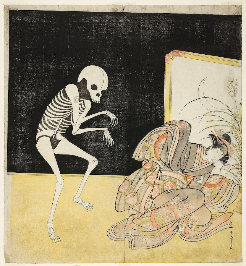 A Japanese woodblock print depicting a skeleton reaching towards a woman lying on a patterned cushion, with a decorative screen in the background.