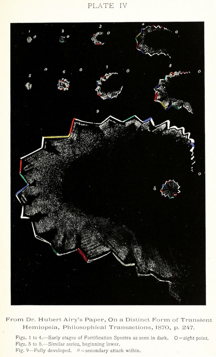 A black and white diagram titled "PLATE IV" with a series of numbered shapes and lines on a dark background.