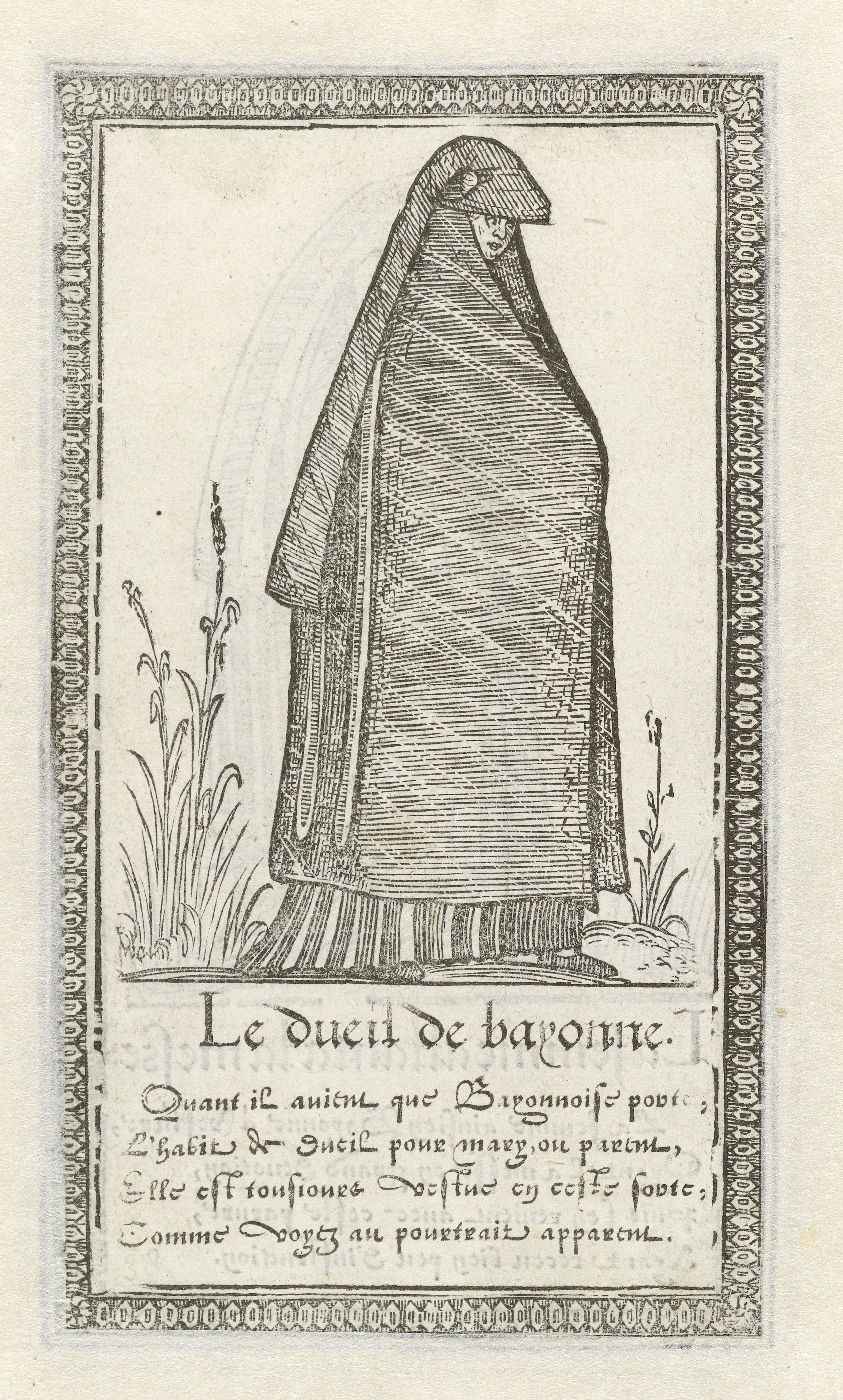 A black and white illustration of a person in a long robe and hood standing in grass, with French text below.