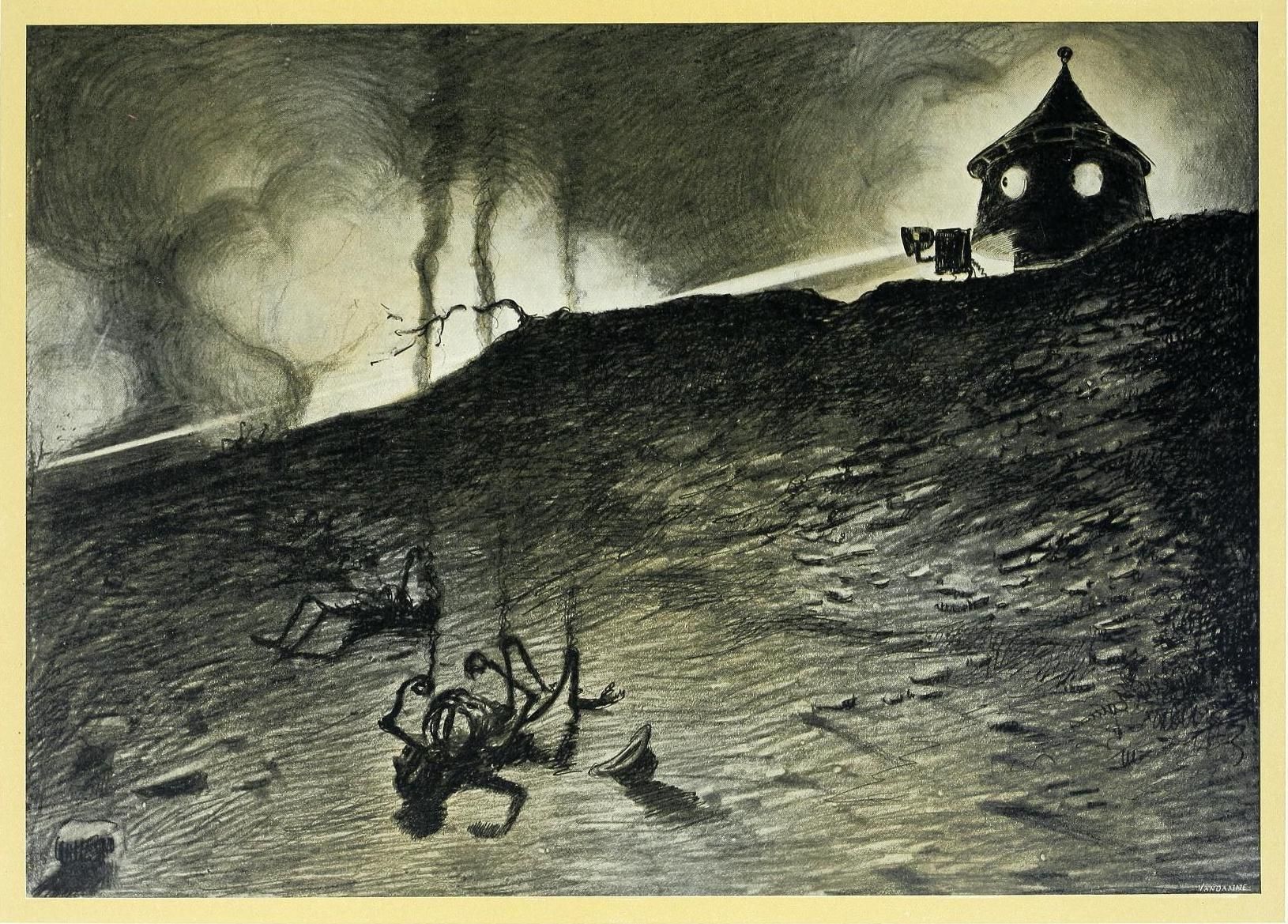 A black and white drawing of a hill with a building on top and spider-like creatures at the base.