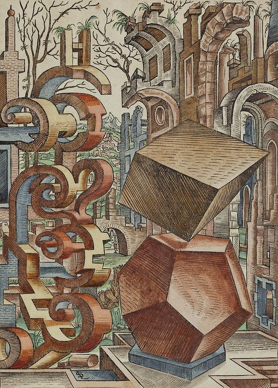 A detailed drawing of a fantastical cityscape with impossible geometry and optical illusions, reminiscent of M.C. Escher.