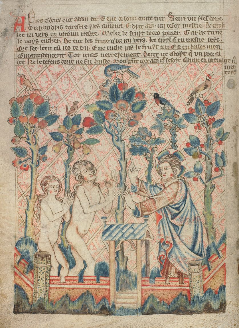 Medieval manuscript illumination depicting the Fall of Man with Adam, Eve, a serpent, and a woven table, surrounded by text and decorative foliage.