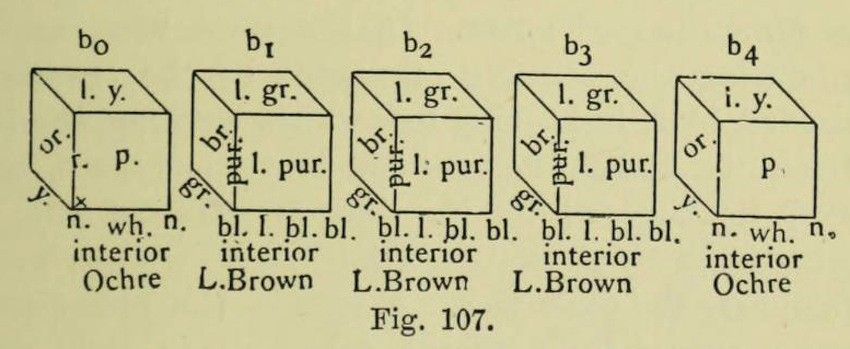 Five cubes labeled b0 through b4, each with color abbreviations on their faces and a text label indicating the interior color. Below the cubes is the text 'Fig. 107.' The background is a pale yellow.