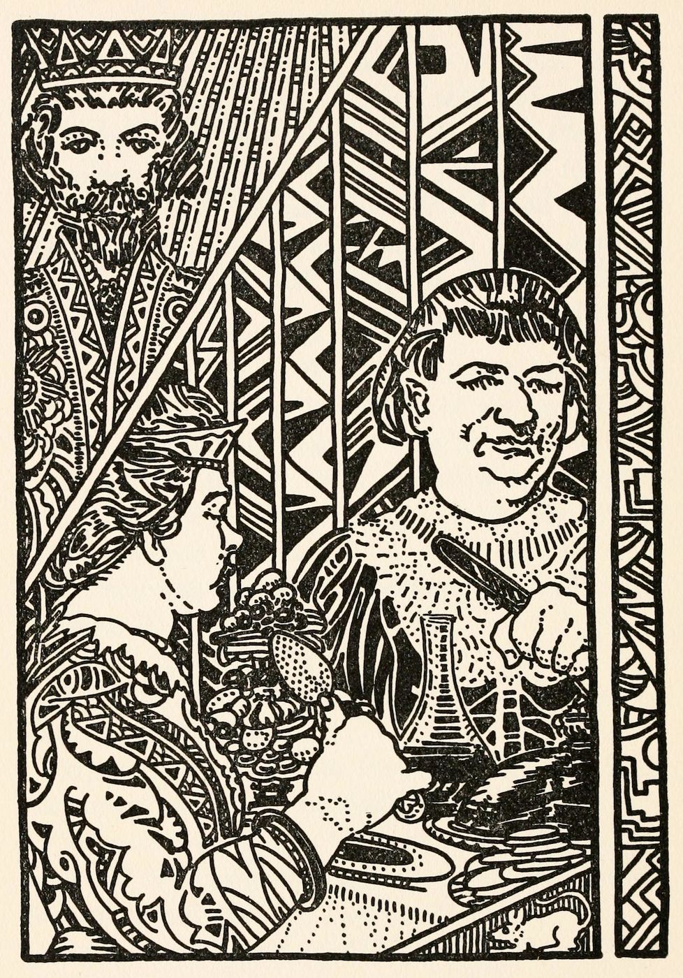 A black and white woodcut-style illustration of a man pouring liquid into a bowl at a table, surrounded by a decorative geometric border.