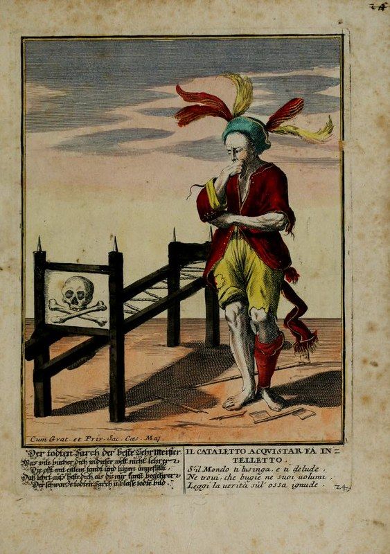 A hand-colored etching depicting a man in a theatrical costume standing next to a wooden structure with a skull and crossbones on top. Text in German and Italian is below the image.