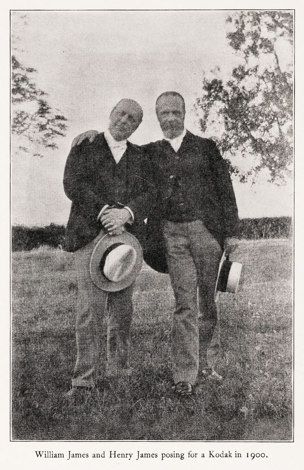 Black and white photograph of William James and Henry James posing for a Kodak in 1900.