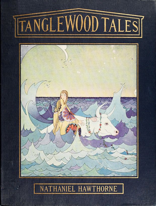 Book cover for Tanglewood Tales by Nathaniel Hawthorne, featuring an illustration of a woman riding a white bull through swirling waves.