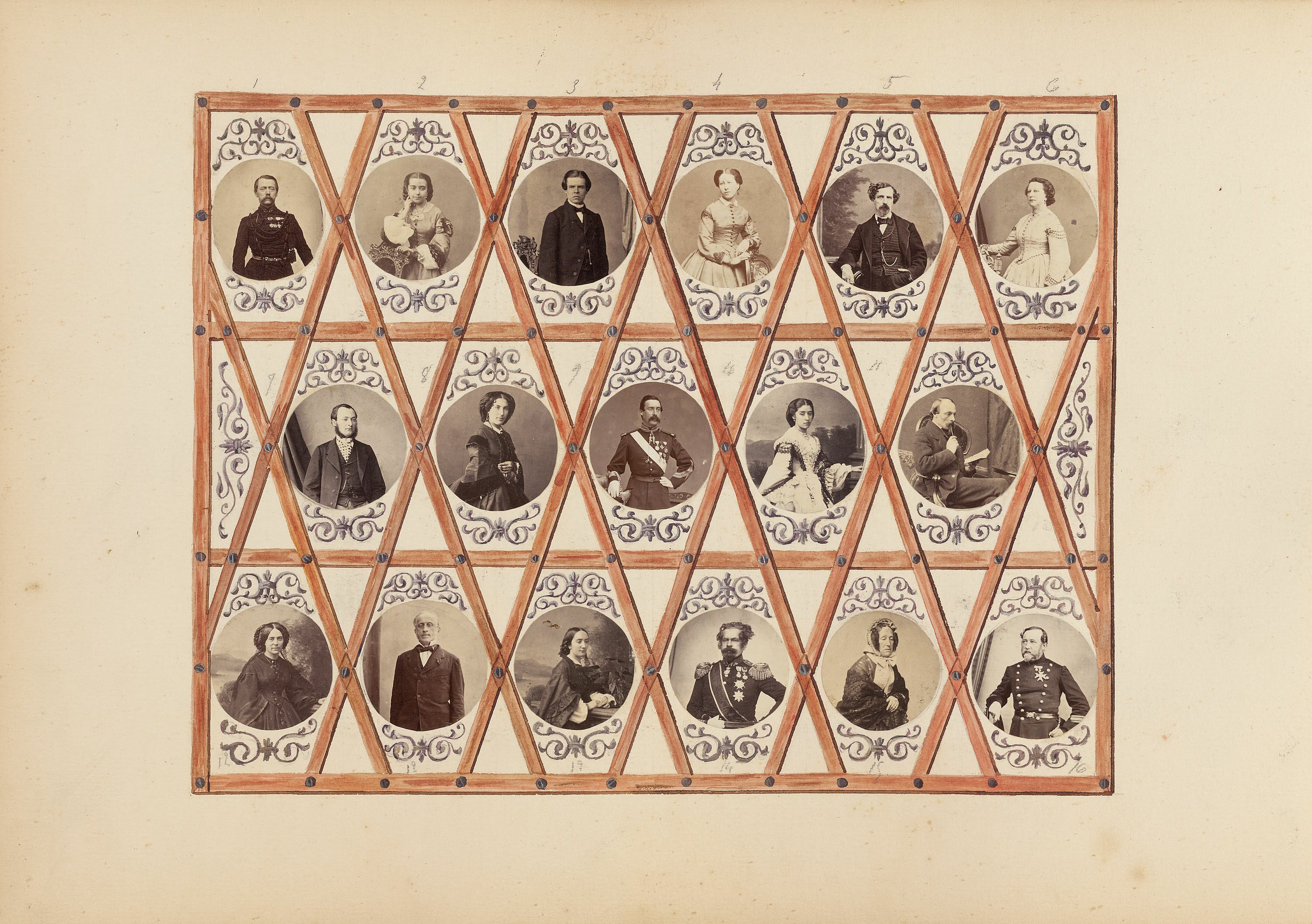 Vintage photograph of a grid of 15 portraits in oval frames connected by a decorative geometric pattern.