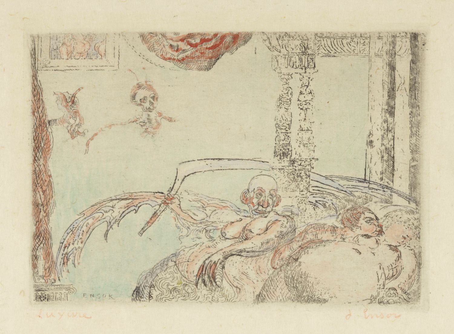 An etching of a room with a bed, figures, and angels, in a style reminiscent of Art Nouveau or Symbolism.