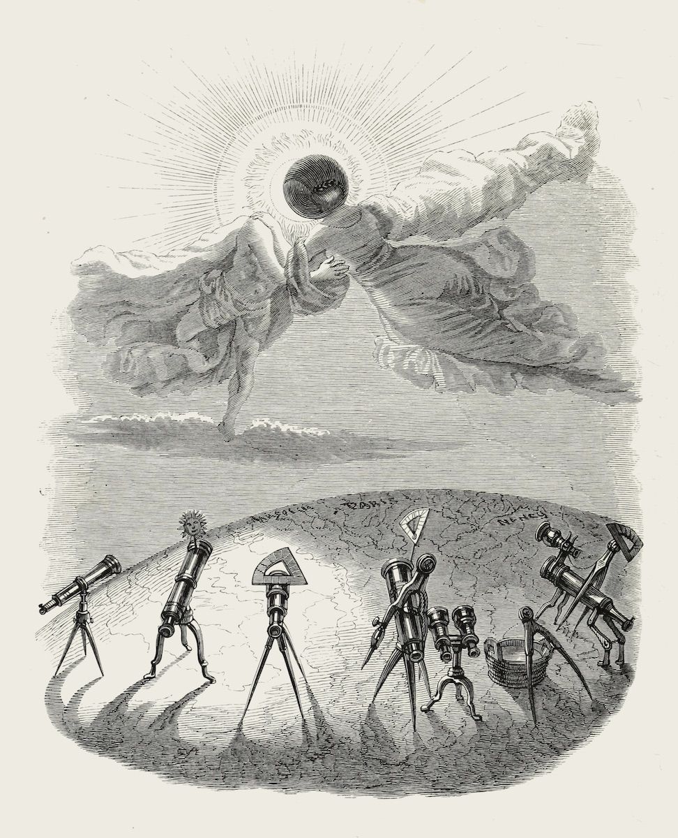 Vintage engraving of an angel holding a globe above a landscape filled with antique telescopes.