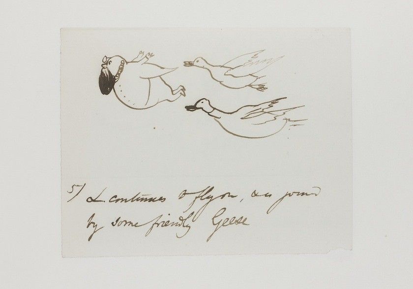 A vintage drawing of two geese flying with a baby wrapped in red cloth in one of their beaks. Below the drawing is handwritten cursive text.