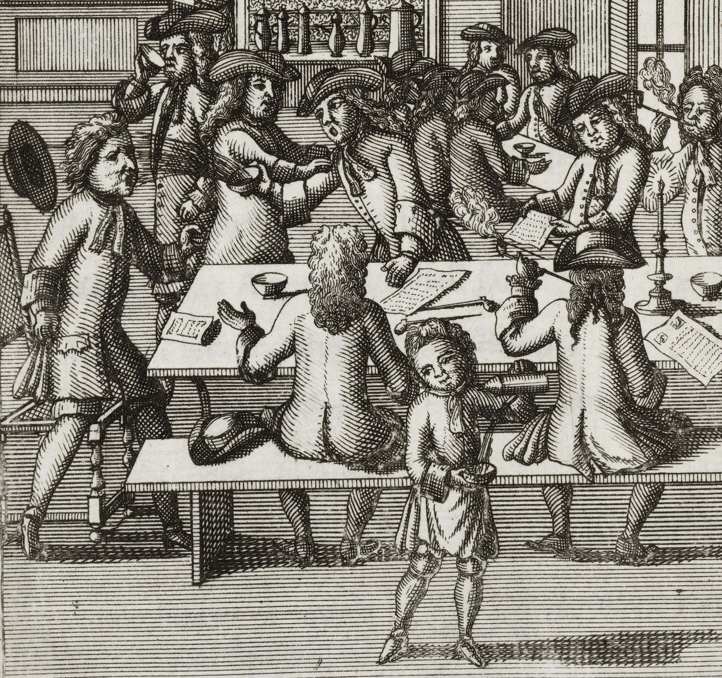 A black and white engraving of a group of men in 18th-century attire gathered around a table in a room.