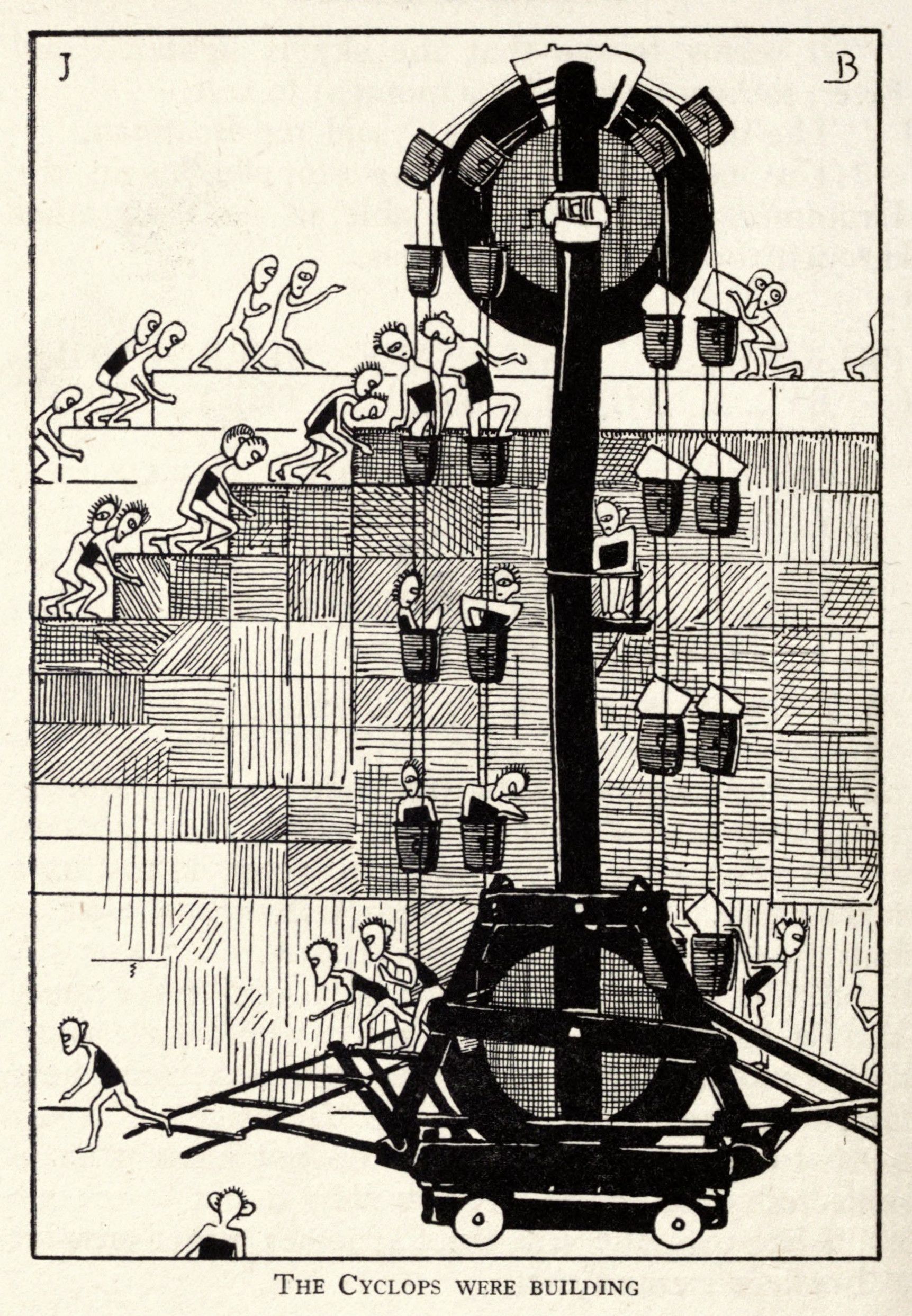 A black and white illustration of cyclops building a complex machine with baskets and wheels.