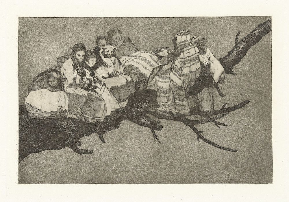 A black and white etching depicting a chaotic scene of people being thrown from horses.