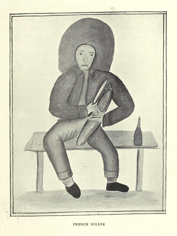 Vintage illustration of a French Miller seated at a table with a bottle.