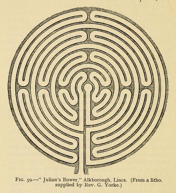 A black and white illustration of a circular maze, known as Julian's Bower, with a single winding path leading to the center.
