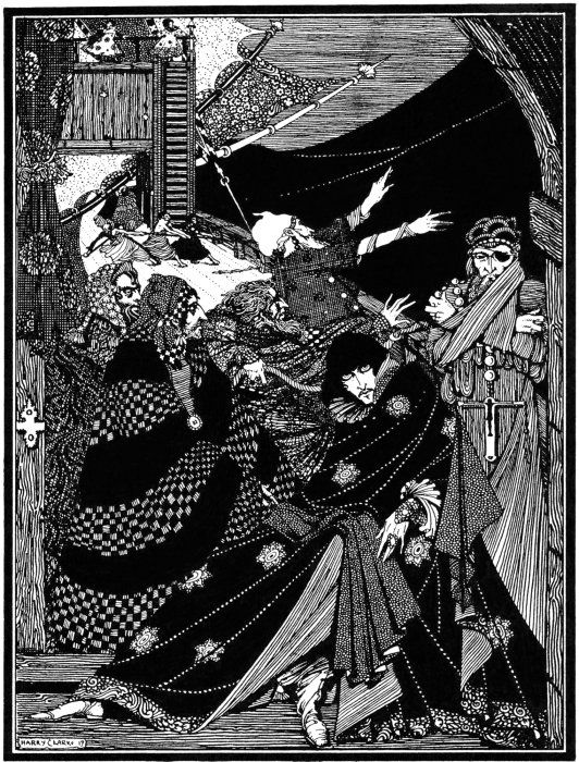 A black and white illustration in a gothic style depicting a chaotic struggle within a castle setting. Several figures are engaged in a conflict, with a central figure surrounded by attackers wielding swords.