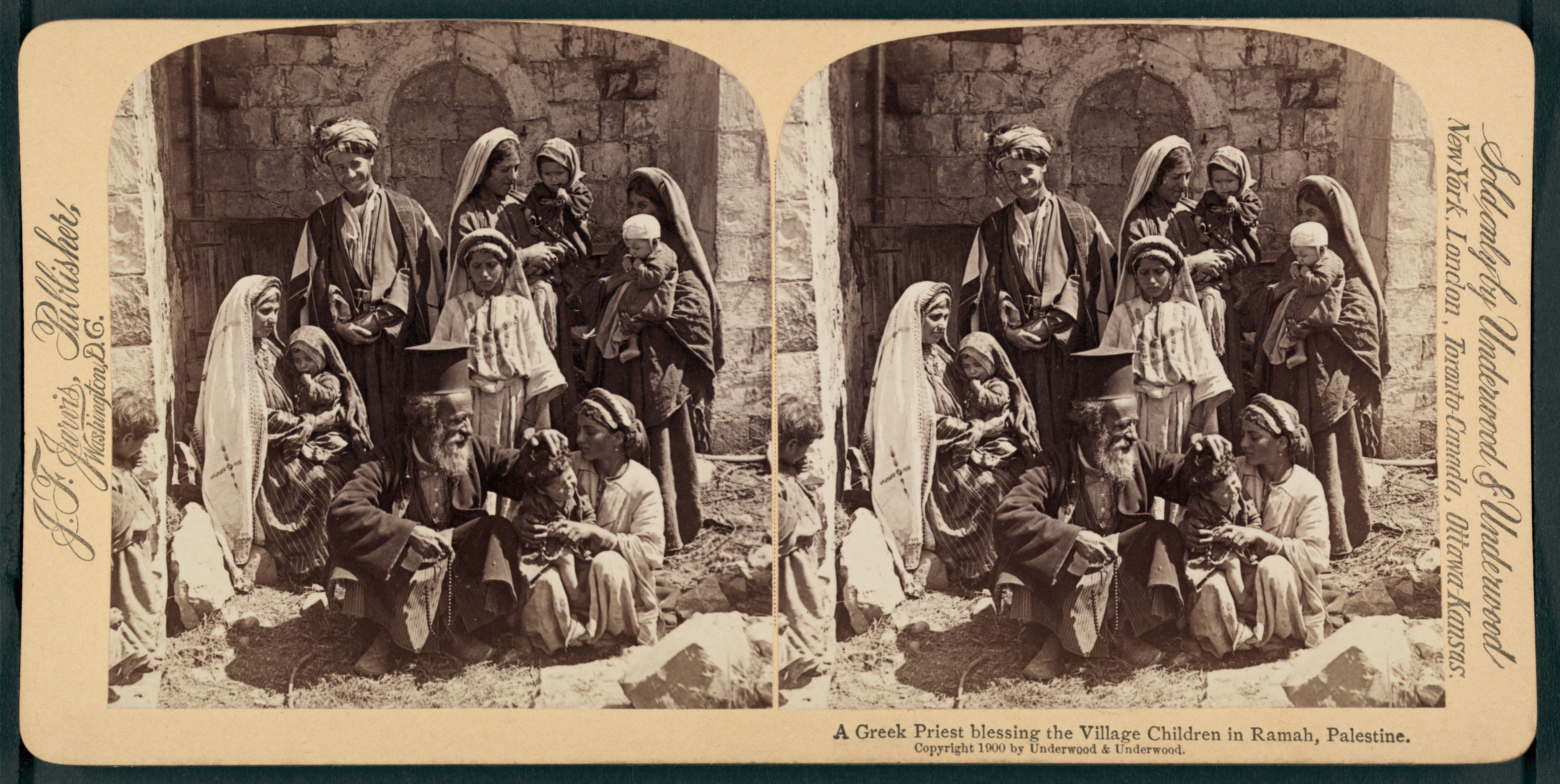 Stereoview photograph from 1900 titled “A Greek Priest blessing the Village Children in Ramah, Palestine.”