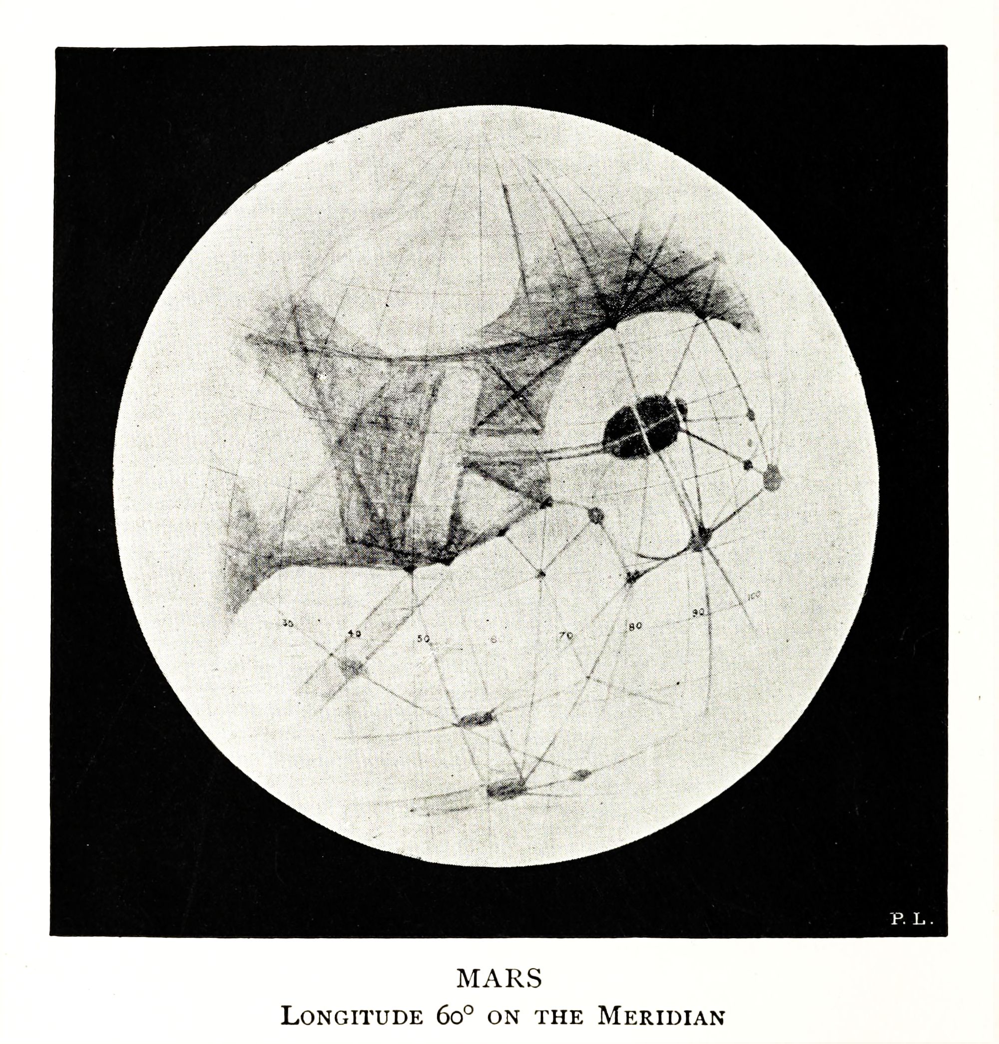 A black and white illustration of Mars at longitude 60° on the meridian, showing a network of lines and dots representing the planet's surface, with numerical markings around the circumference and text below.