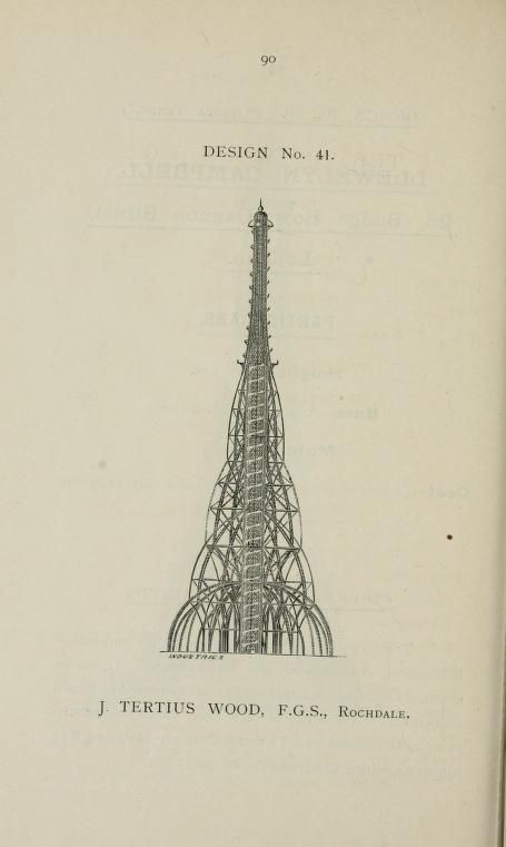 Vintage illustration of a lattice-work tower with the text "DESIGN No. 41" above and "J. TERTIUS WOOD, F.G.S., ROCHDALE." below.