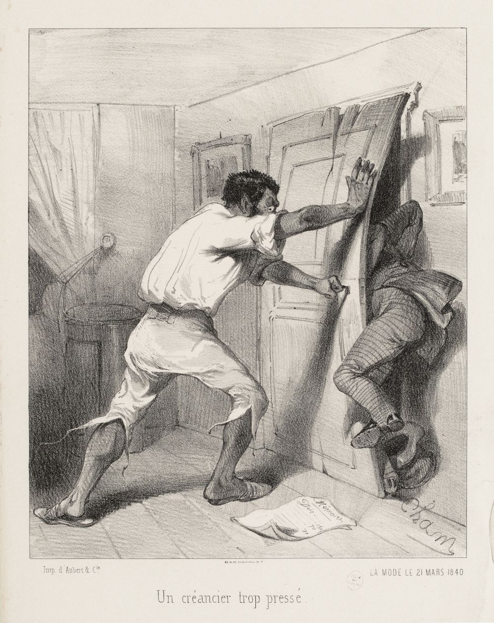 A black and white illustration depicting a tense scene between two men at a doorway. One man is forcefully preventing the other from entering.