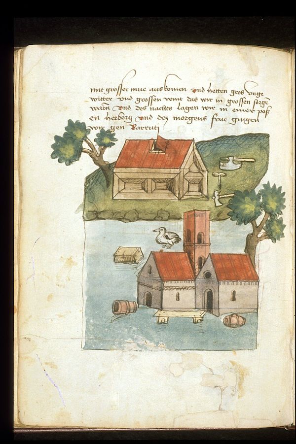 A page from an old manuscript with a colorful illustration of a town or village scene.