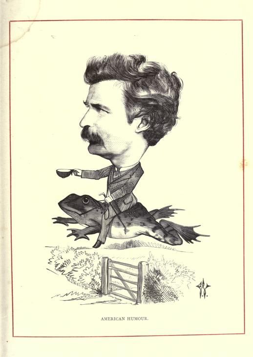 A vintage black and white illustration of a man with a large mustache riding a frog over a fence, labeled 'AMERICAN HUMOUR'.
