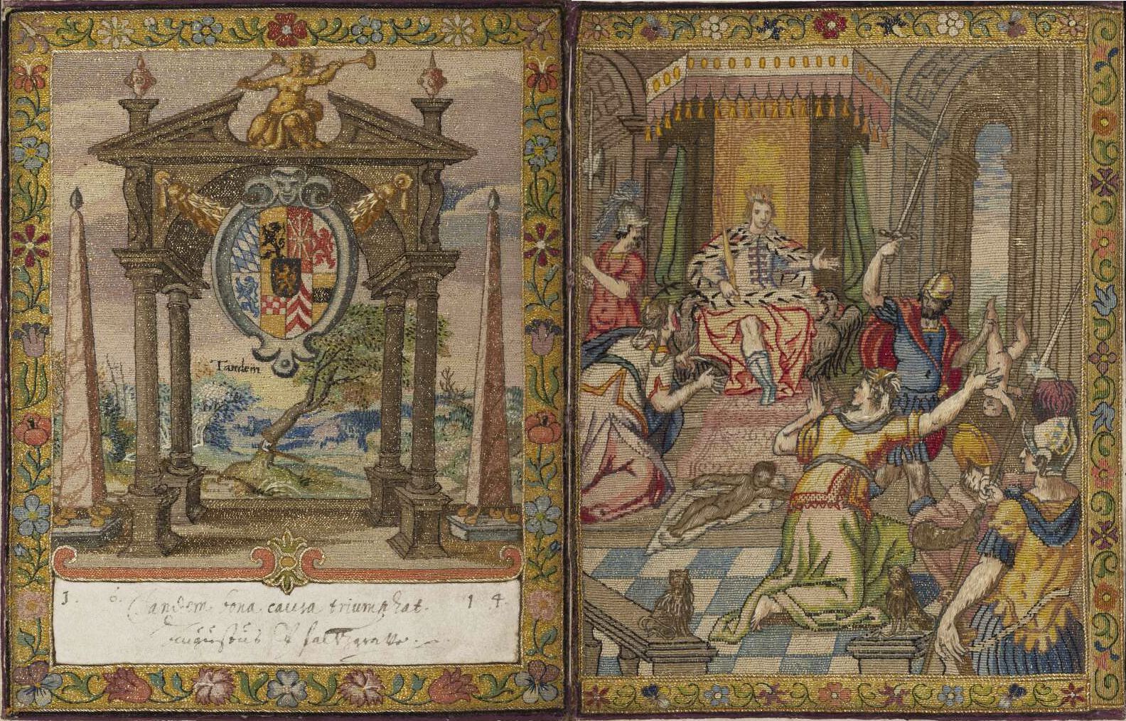 A diptych tapestry depicting historical or mythological scenes. The left panel shows a classical structure with a coat of arms, while the right panel depicts a violent attack.