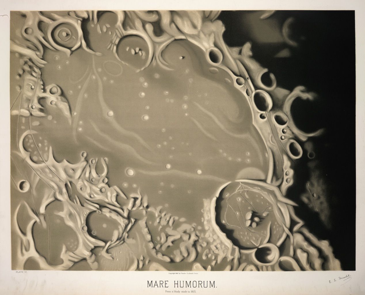 Vintage photograph of the lunar surface, labeled 'Mare Humorum', showcasing a complex network of craters and a rough, textured landscape.