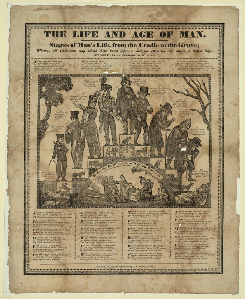 Vintage print titled "The Life and Age of Man" depicting stages of life from cradle to grave with moral and religious themes.