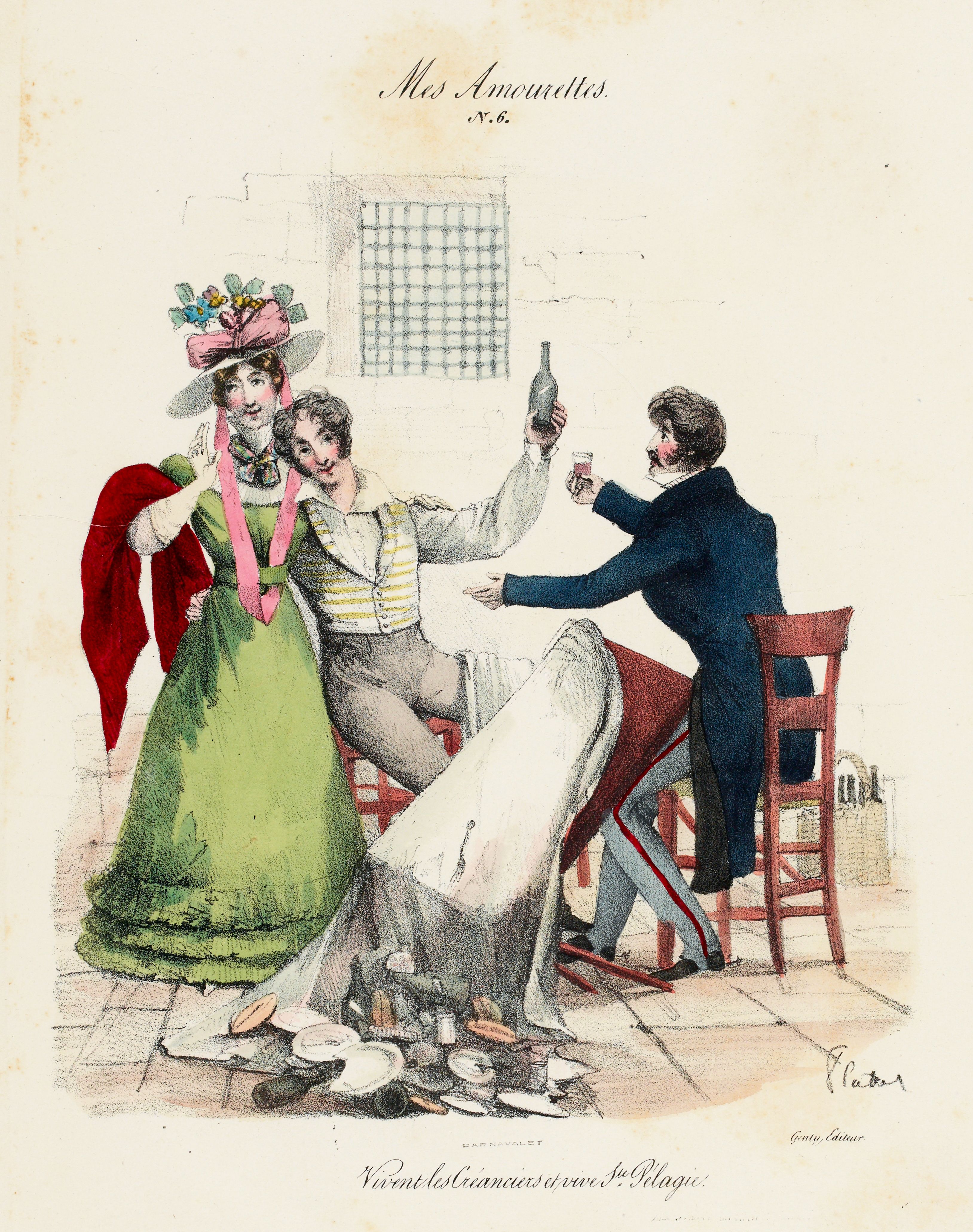 A hand-colored lithograph from the early 19th century depicting a romantic encounter between three figures in a modestly furnished room.