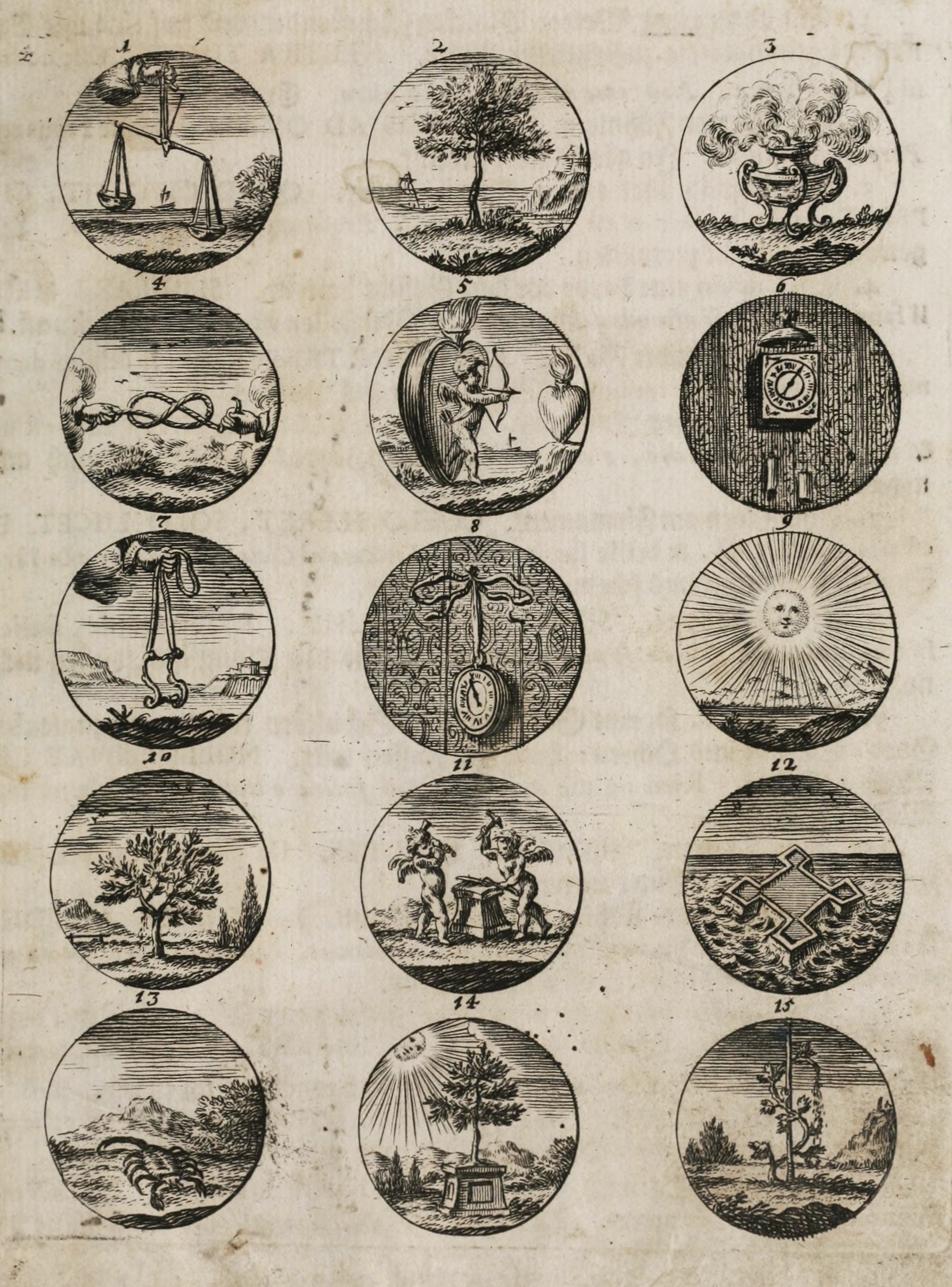 Vintage illustration of 15 circular vignettes with various engravings.