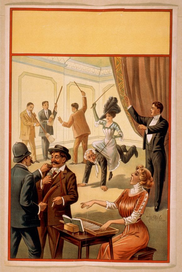 Vintage illustration of a chaotic brawl in a room with people fighting, a woman playing a musical instrument, and a man in uniform observing the scene.