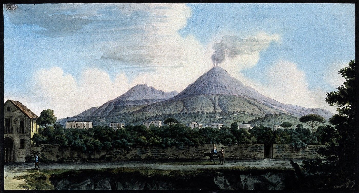 Landscape painting of Mount Vesuvius and Mount Somma with a stone wall and figures in the foreground.