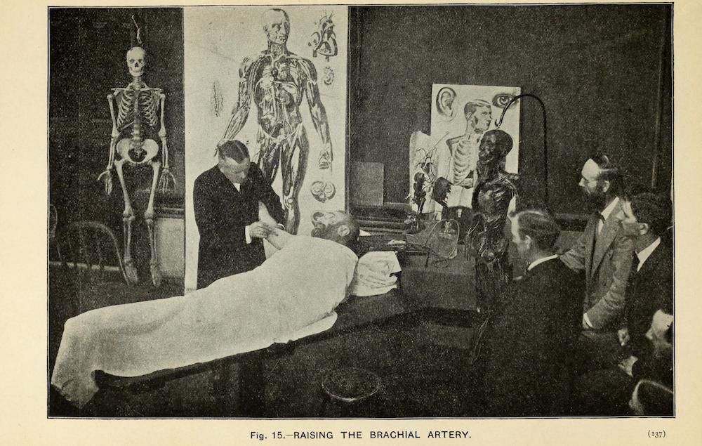 A black and white illustration of a medical demonstration. A doctor is examining a patient on a bed while a group of students observe. Anatomical charts and a skeleton are visible in the background.