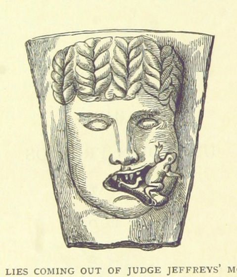 A vintage illustration of a sculpted face with a rat crawling out of its mouth, emerging from a vase-like container. The text 'LIES COMING OUT OF JUDGE JEFFREYS' M' is visible below the image.